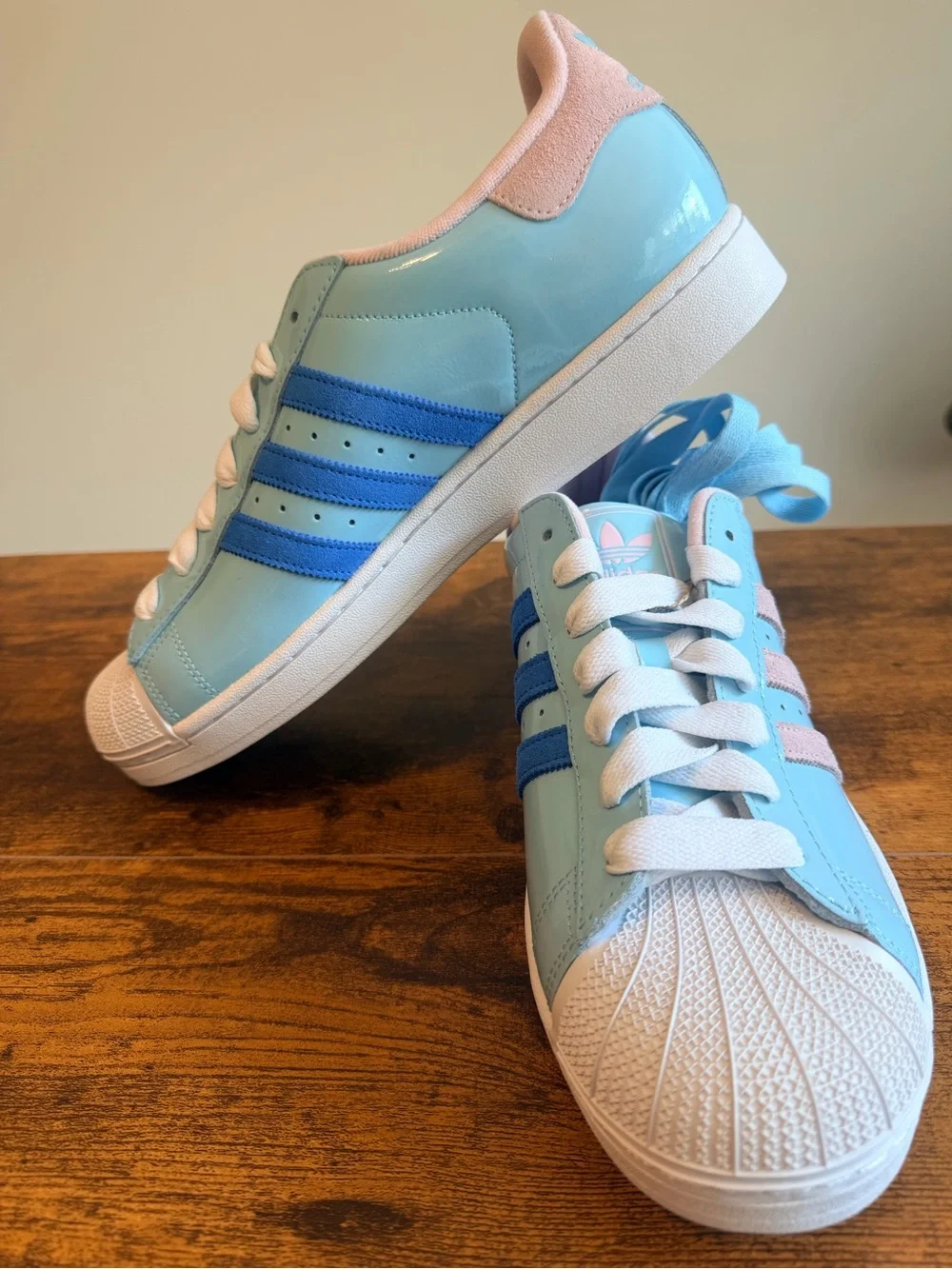 Adidas Men’s Superstar Sneakers - Light Blue with Pink Stripes 13M